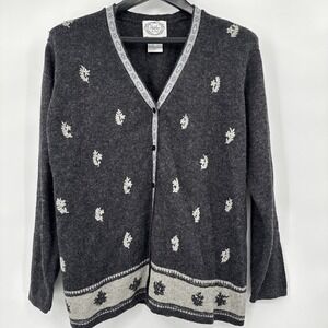 Stitches in Time Sweater Medium Charcoal Embroidered Embellished Floral Cardigan